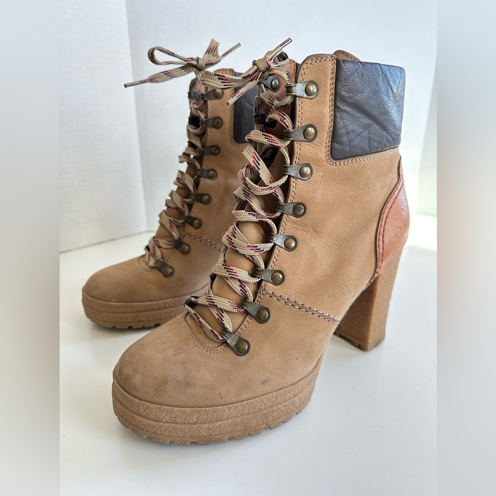 See by Chloe Eileen Tan Lace Up Block Heel Logger Style Boots Size 39 - Picture 2 of 11